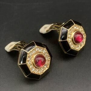 Vintage Ciner Gripoix Enamel Rhinestone Geometric Clip On Earrings Signed